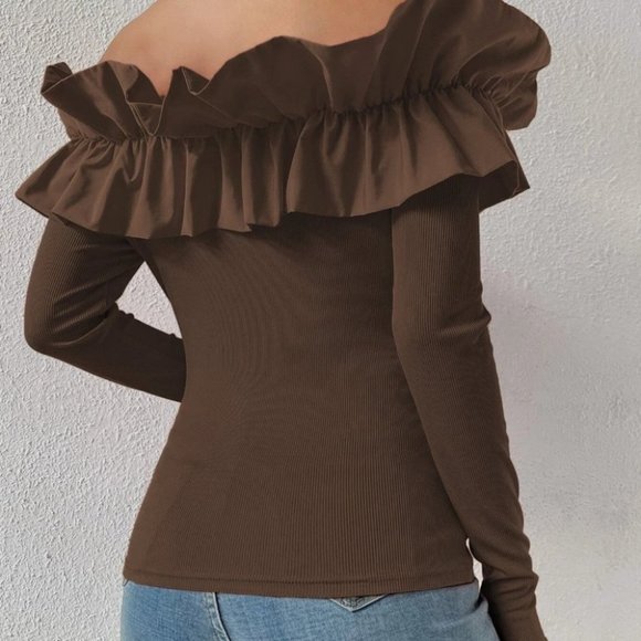 Coffee Brown Preppy Womens off shoulder blouse top - Picture 2 of 5